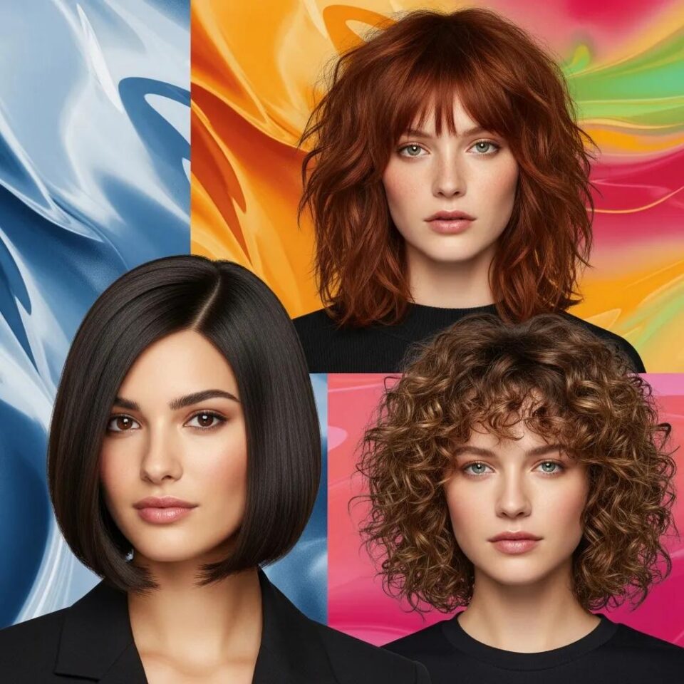 Women showcasing layered bob haircuts for straight, wavy, and curly hair types against colorful backgrounds, highlighting versatility and styling options.
