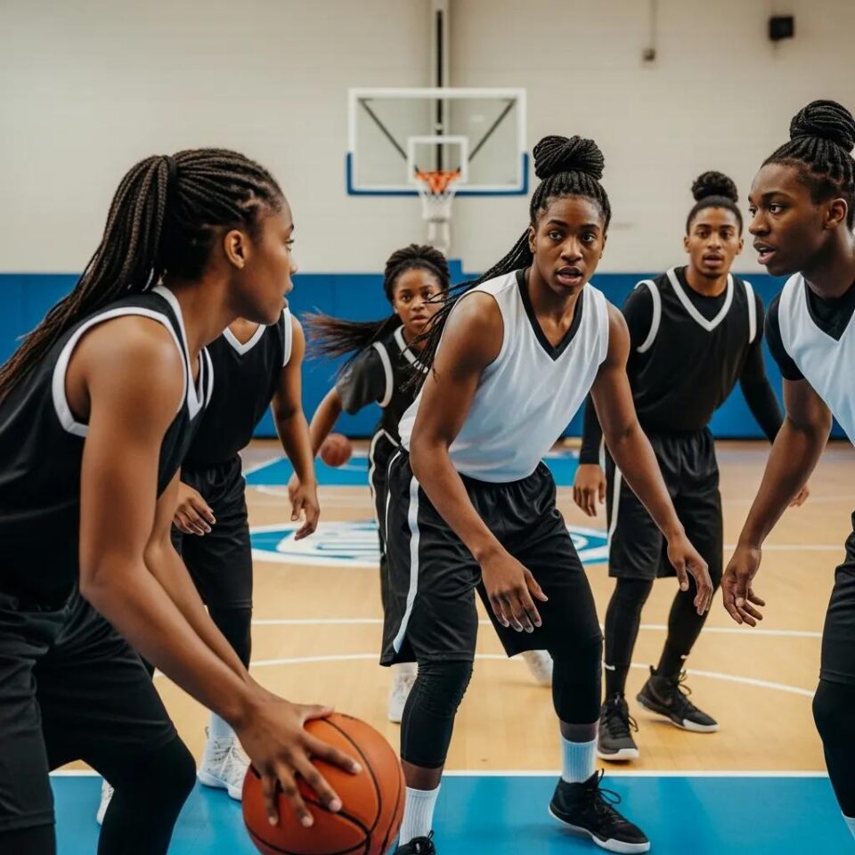 Diverse basketball players demonstrating secure hairstyles like braids and ponytails during an intense game on the court.