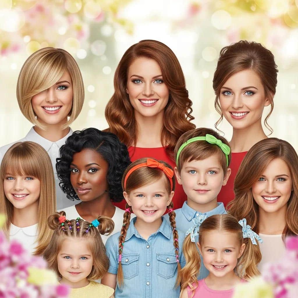 Diverse group of women and girls showcasing trendy hairstyles suitable for oval face shapes, featuring various haircuts and styles.