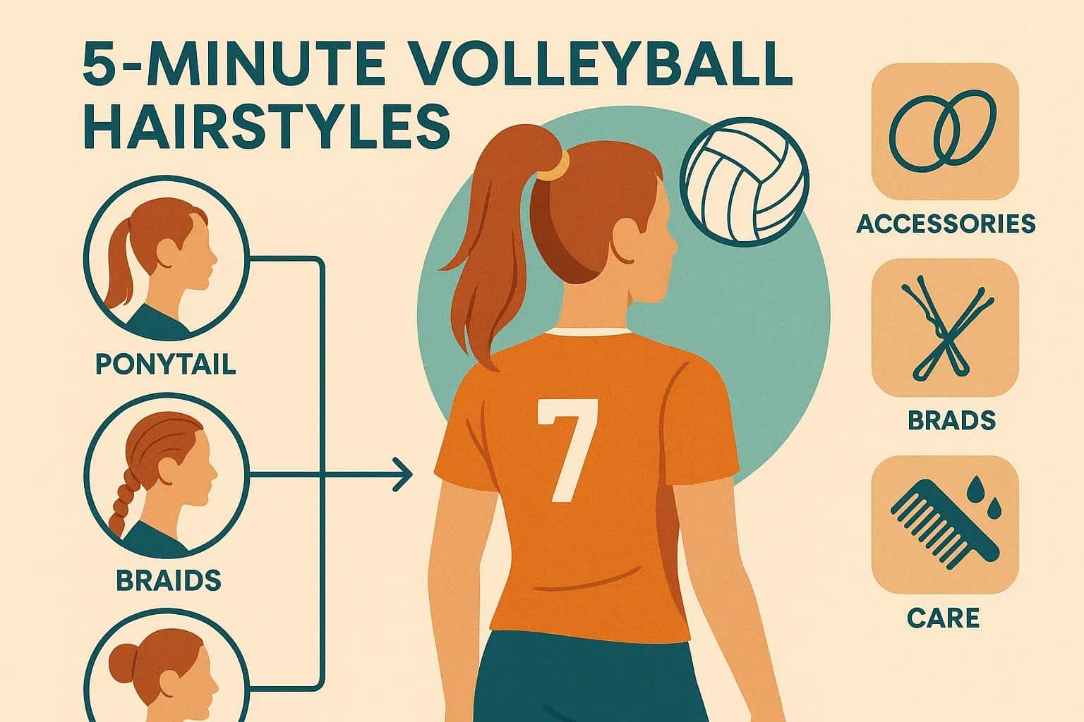 5-minute volleyball hairstyles infographic featuring a girl in an orange jersey with the number 7, showcasing options for ponytails and braids, alongside volleyball and accessory illustrations, emphasizing quick and practical styles for athletes.