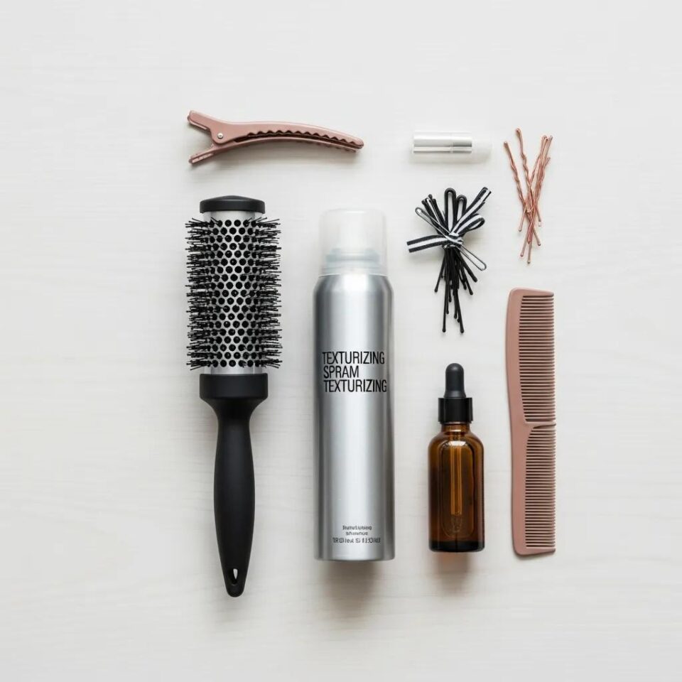 Essential hair styling tools and products for maintaining layered bob haircuts, including a round brush, texturizing spray, hair clips, bobby pins, and a comb.