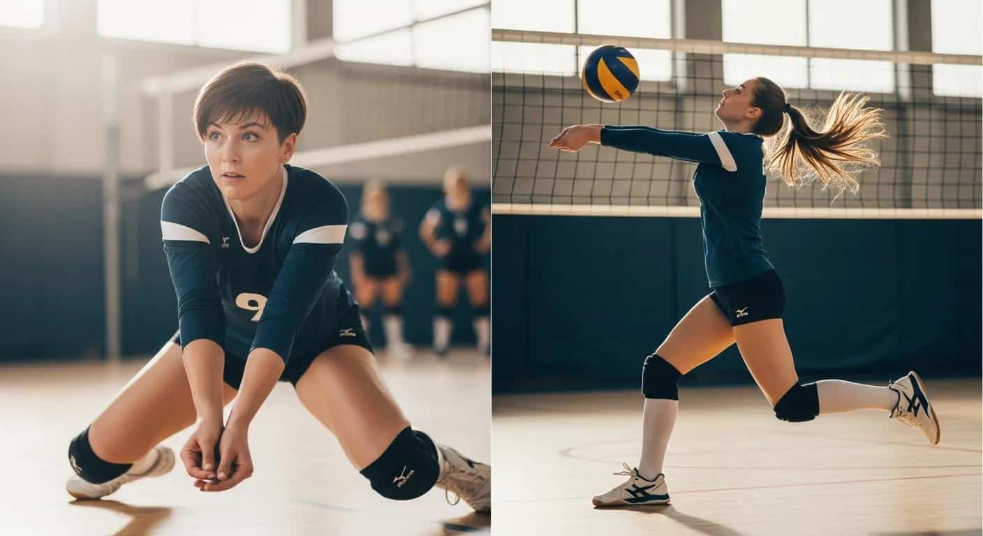 Volleyball players with short and long hairstyles in action, showcasing athleticism and hairstyle versatility during practice.