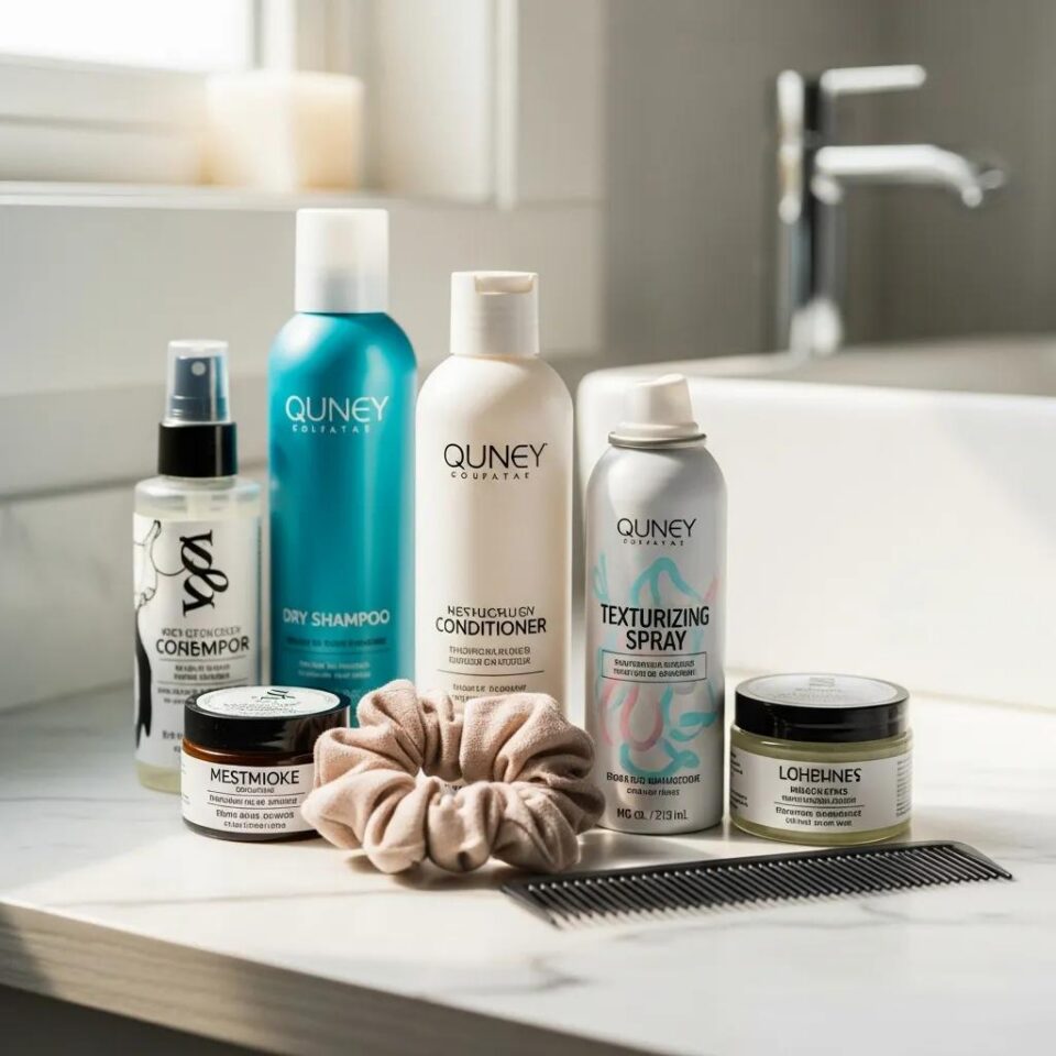 Hair care products for maintaining a messy bun's durability on a bathroom counter