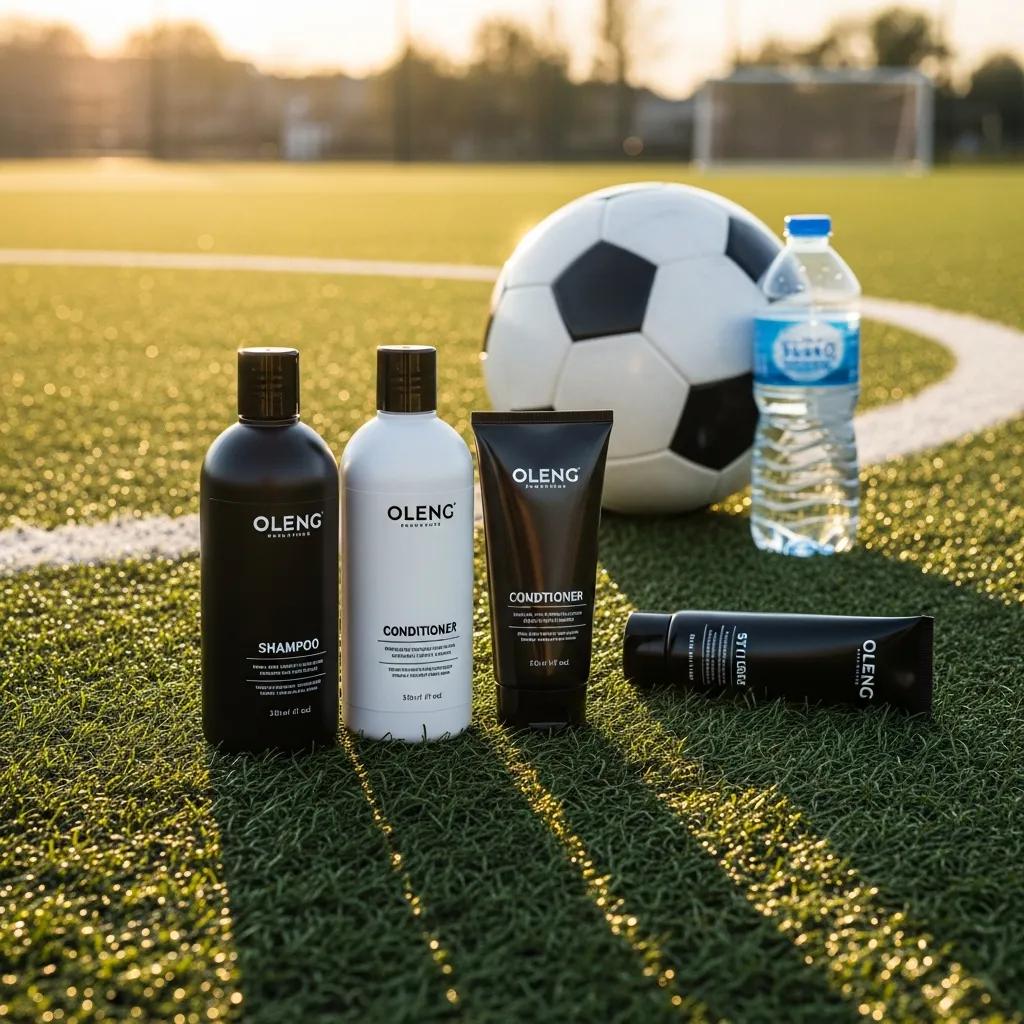 Hair care products including shampoo and conditioner on a soccer field, with a soccer ball and water bottle in the background, emphasizing hair maintenance for athletes.