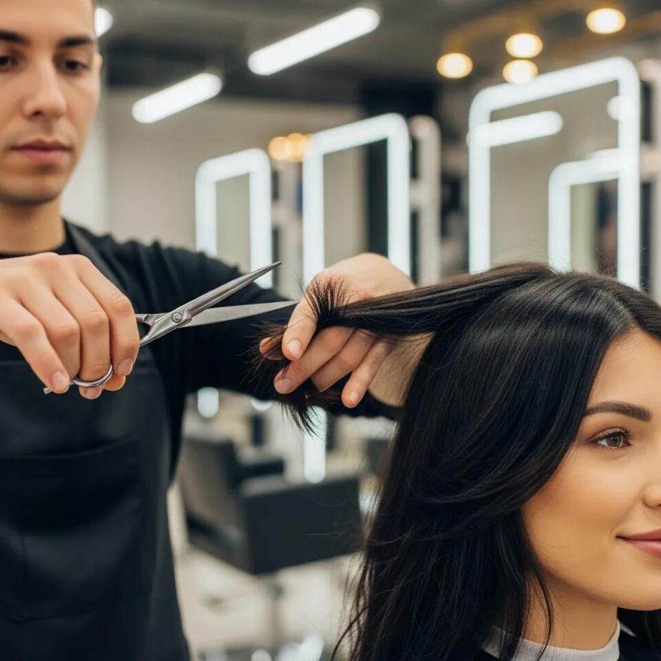 Hairstylist cutting layered hair for a client with a long face shape
