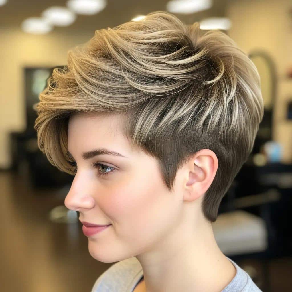 Model showcasing a layered pixie cut designed for round face shapes, emphasizing height and texture, with a soft and stylish appearance.