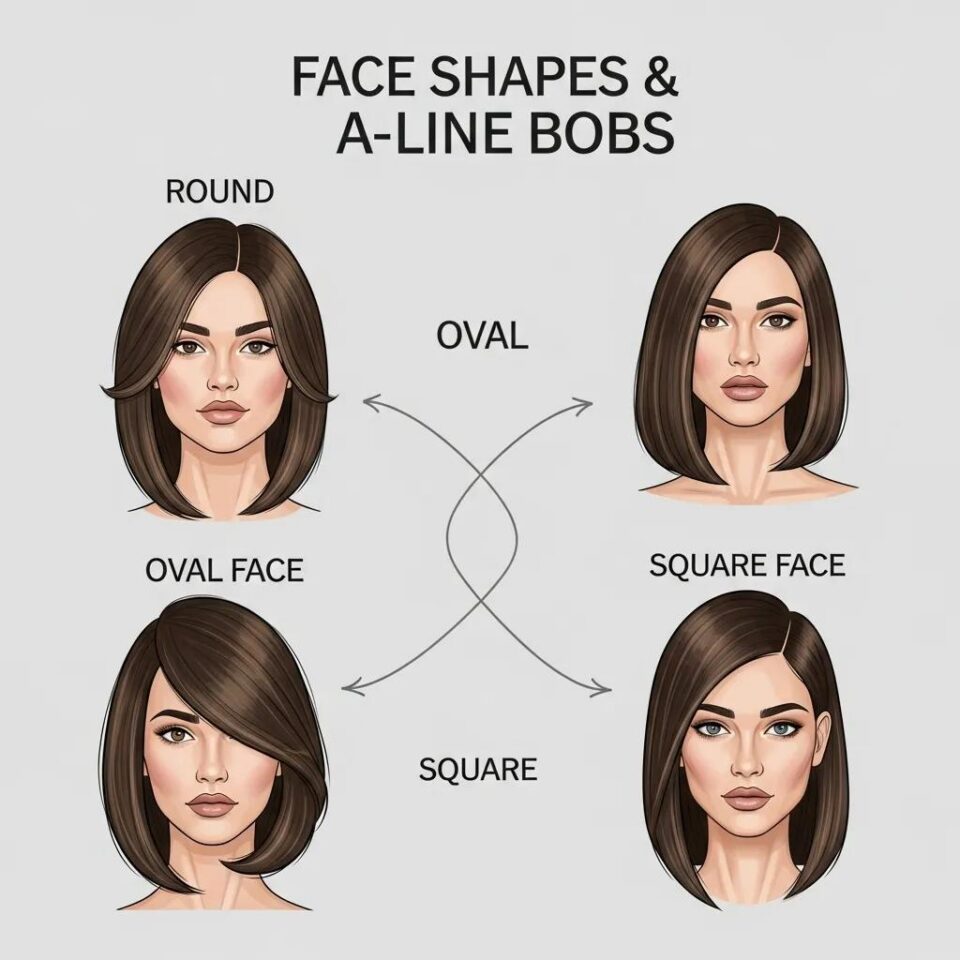 Models with different face shapes showcasing suitable A-Line bob hairstyles
