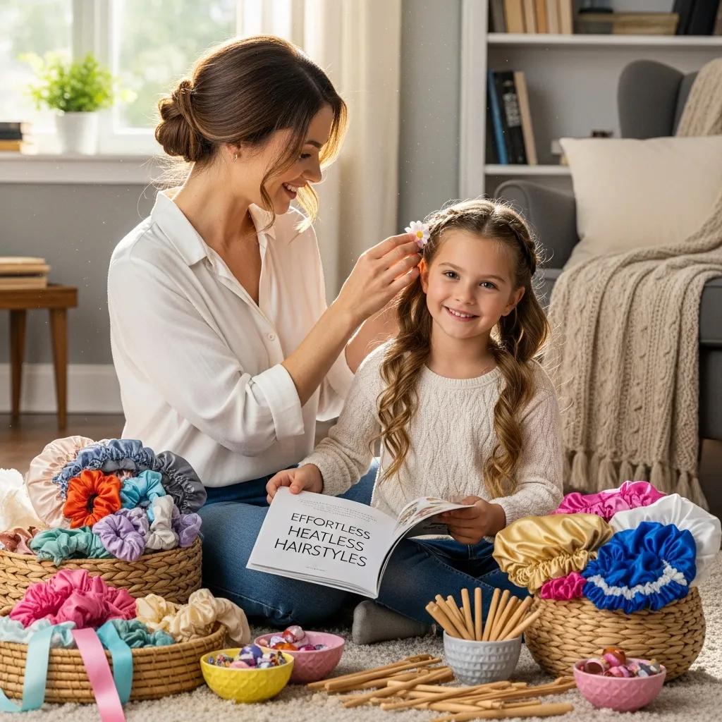 Mother styling daughter's hair with flowers and scrunchies, showcasing easy heatless hairstyles in a cozy home setting.