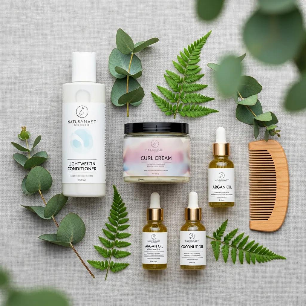 Natural hair care products including lightweight conditioner, curl cream, argan oil, and coconut oil, arranged with green foliage on a textured surface, promoting healthy no-heat hairstyles.