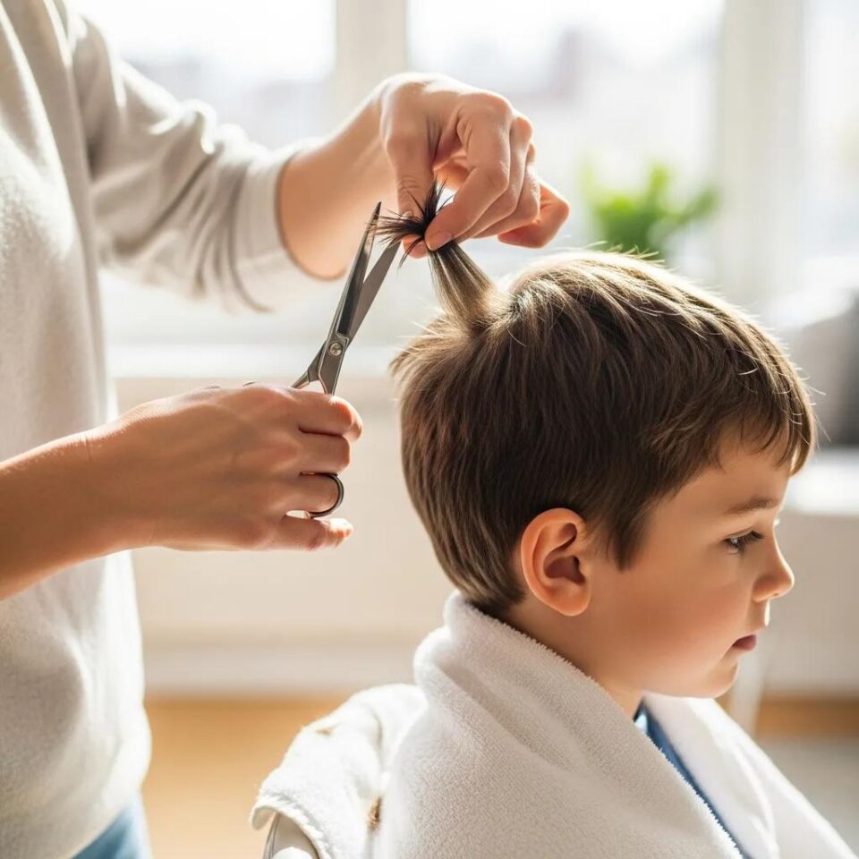 Parent demonstrating step-by-step techniques for cutting a boy's hair at home