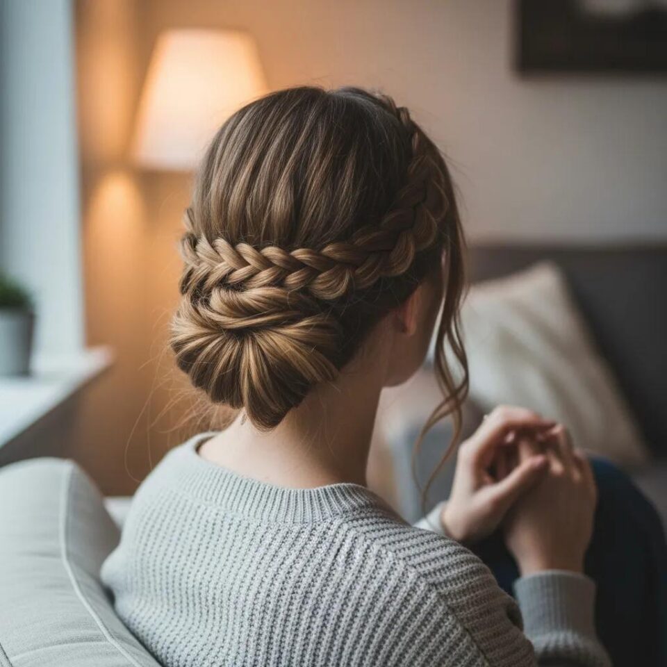 Person with long hair styled in a no-heat braided crown and low bun, showcasing a chic low-maintenance hairstyle in a cozy indoor setting.