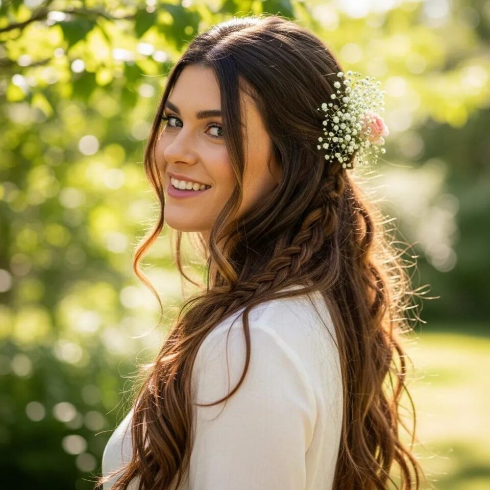 Young woman with long, wavy hair styled in a loose braid, adorned with small flowers, smiling in a sunlit outdoor setting, illustrating a simple and elegant hairstyle for long hair.