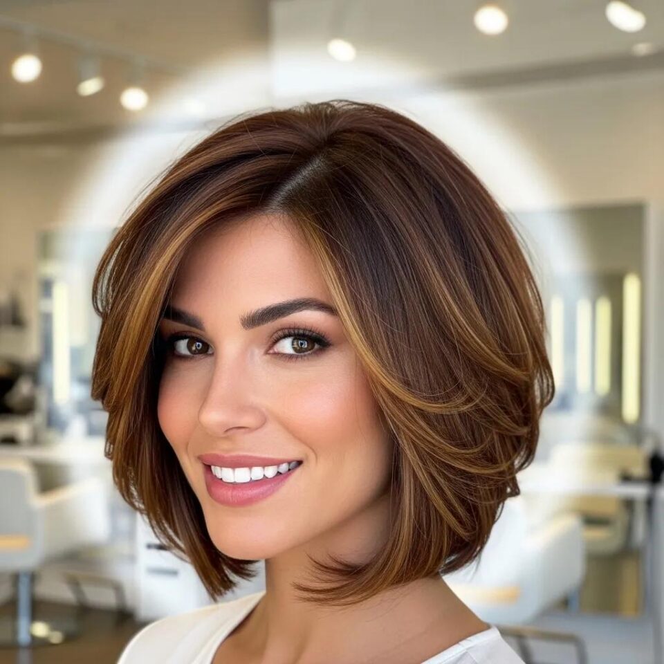 Stylish woman with layered bob haircut showcasing elegance and versatility in a modern salon setting, highlighting layered bob haircut styles for women.