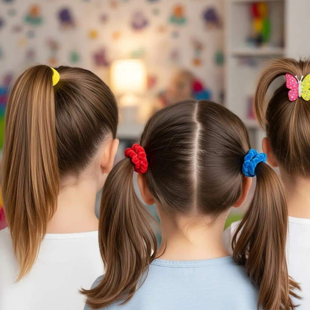 Three quick hairstyles for kids: ponytail, pigtails, and half-up style with colorful accessories