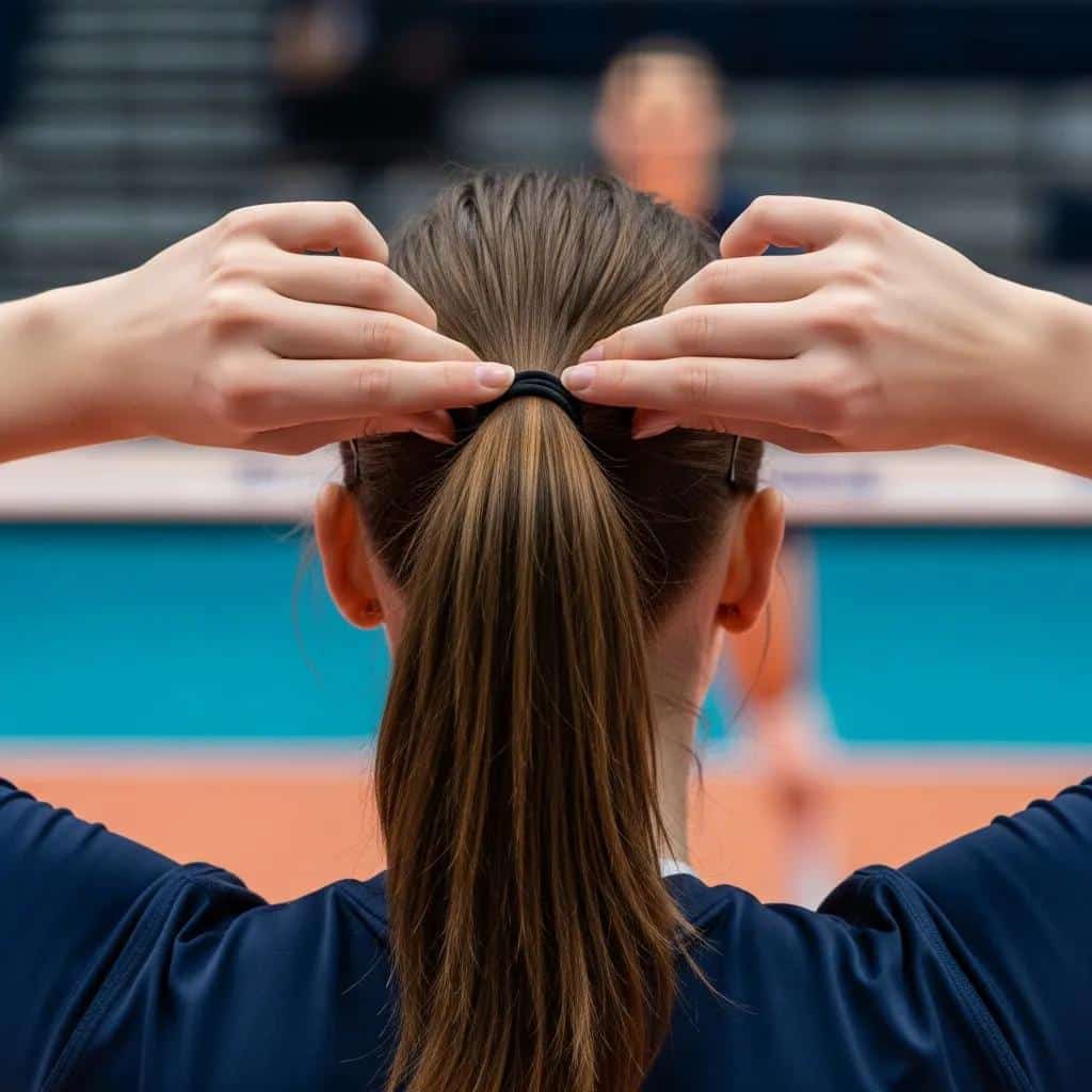 Volleyball player with long hair tying it back with a hair tie before serving, illustrating the challenges of managing long hair during sports.
