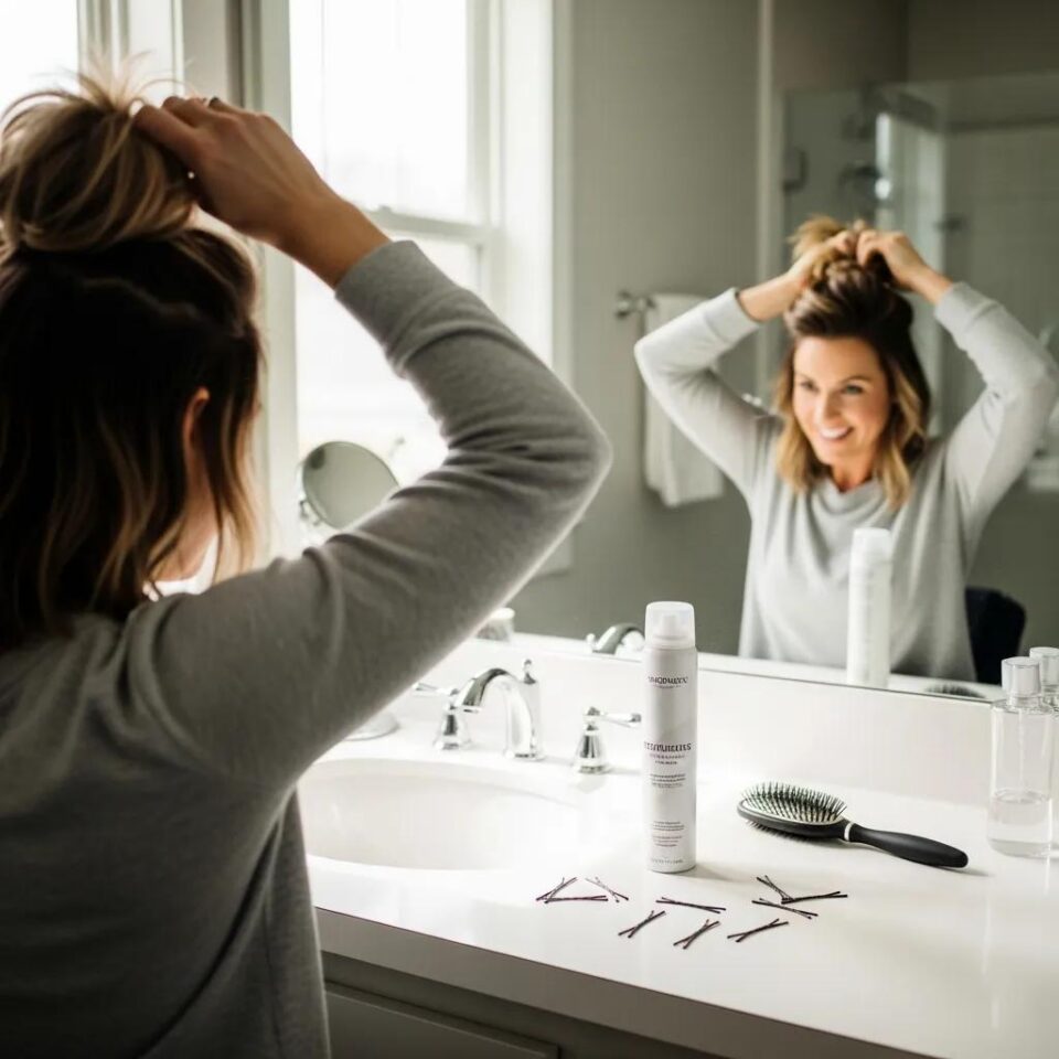 Woman creating a messy bun in a bright bathroom, showcasing hair styling tools