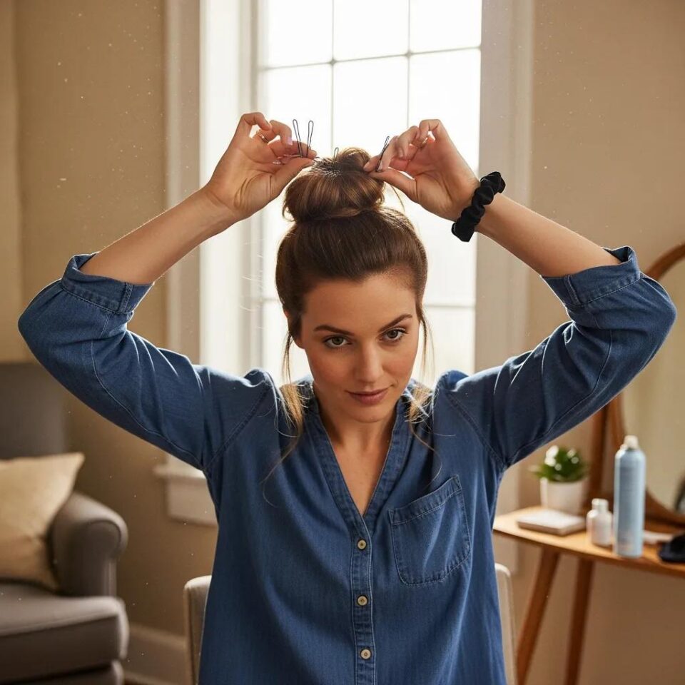 Woman styling her hair into a messy bun with hair tools in hand