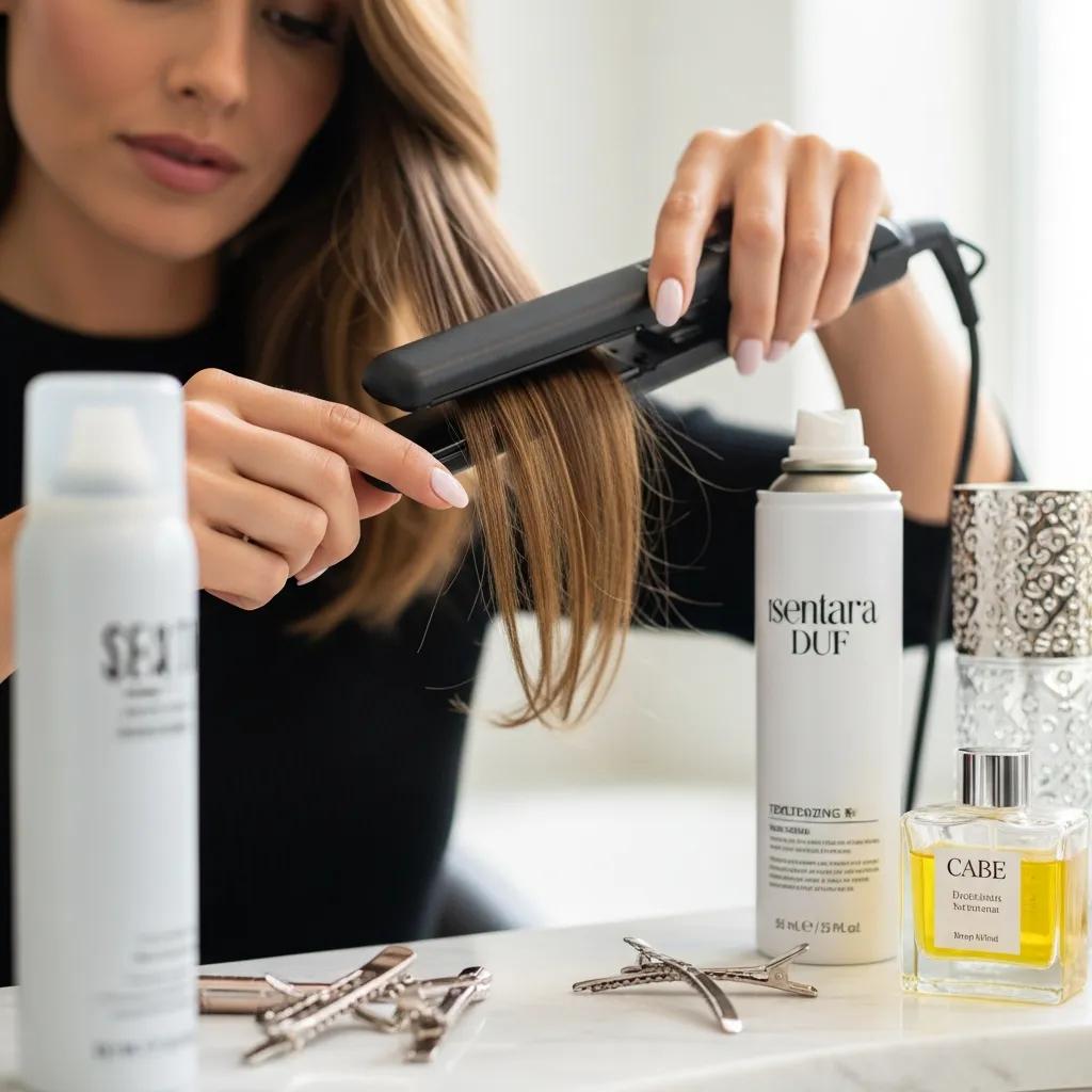 Woman styling her long bob hairstyle with a flat iron and hair care products, including texturizing spray and hair clips, demonstrating trendy lob styling techniques.