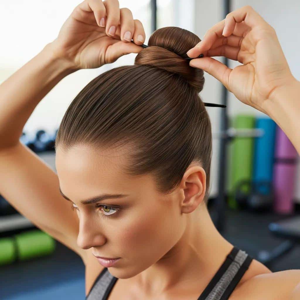 Woman styling a sleek bun hairstyle in a gym setting, demonstrating a practical and stylish option for workout hair.