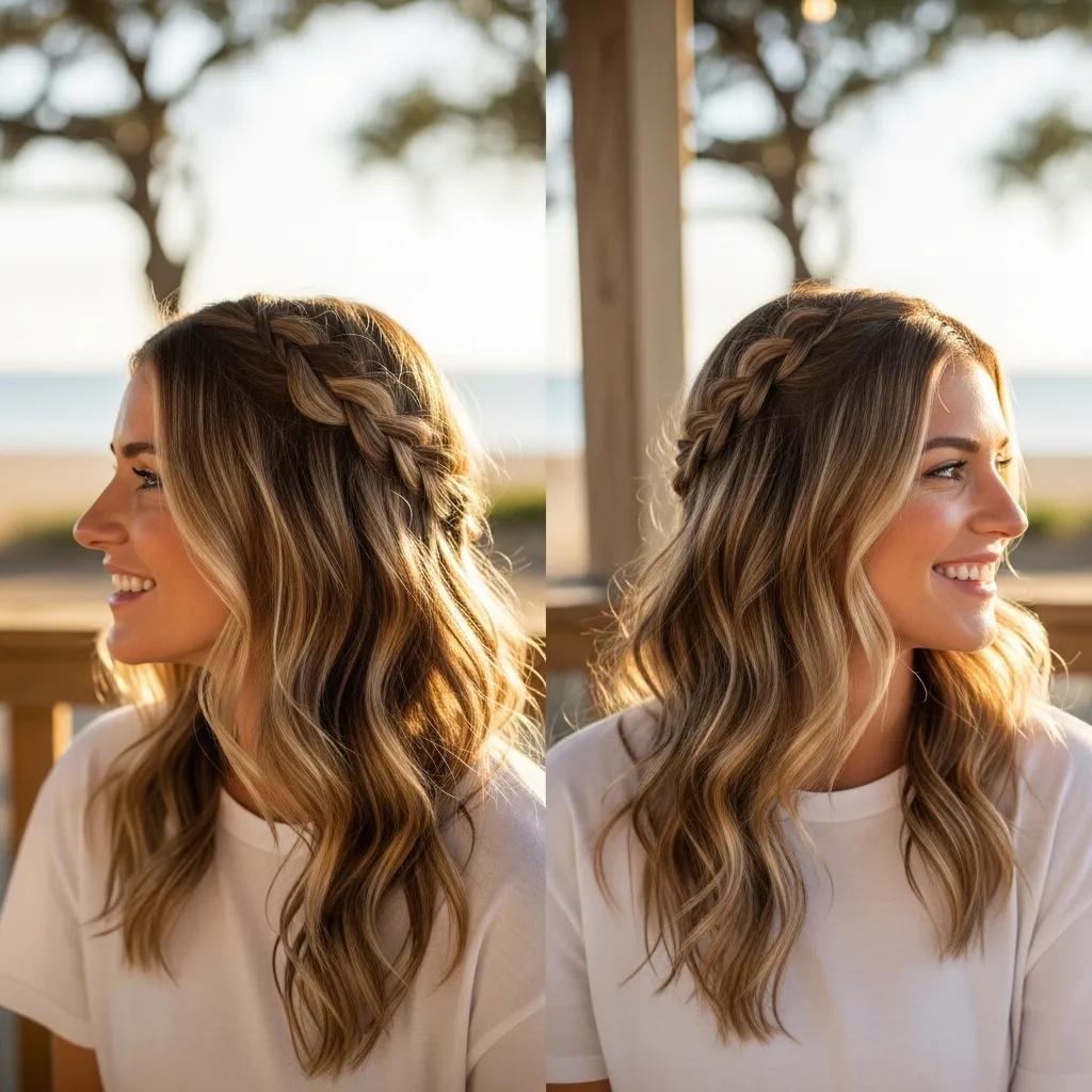 Woman with healthy, no-heat hairstyle featuring natural waves and a side braid, showcasing effortless beauty and hair health.