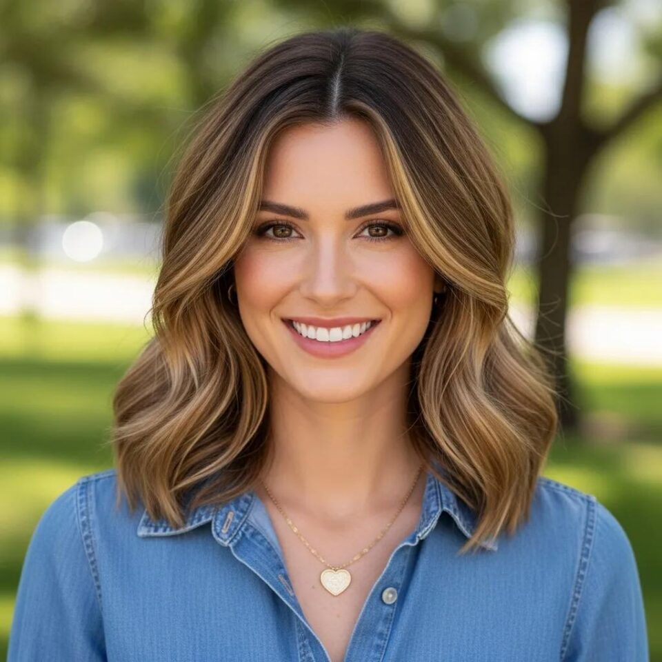 Woman with heart-shaped face smiling, showcasing a stylish haircut that balances forehead and chin, set against a blurred green outdoor background.