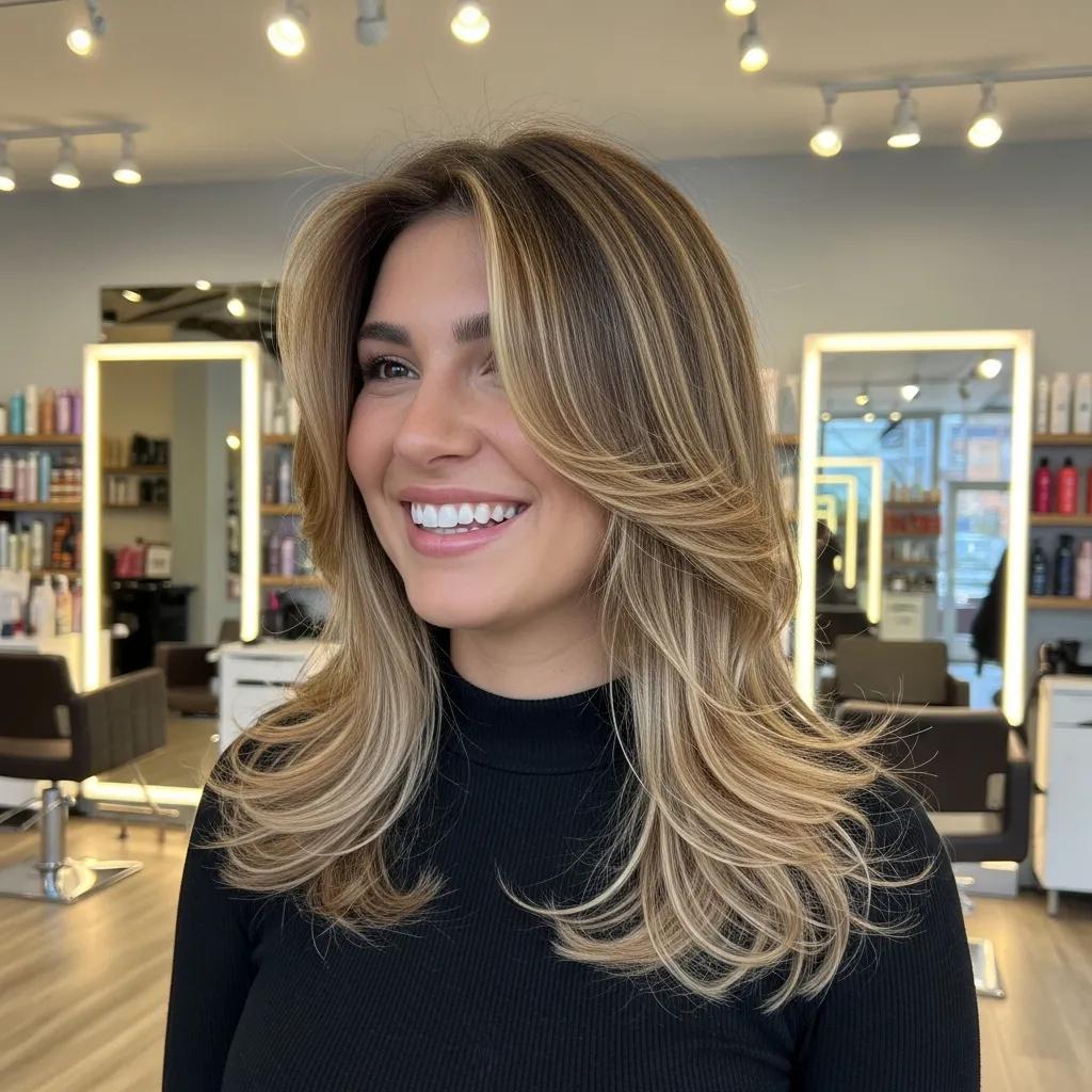 Woman with layered hairstyle for square face shape, smiling in a bright salon, showcasing flattering haircuts that soften angular features.