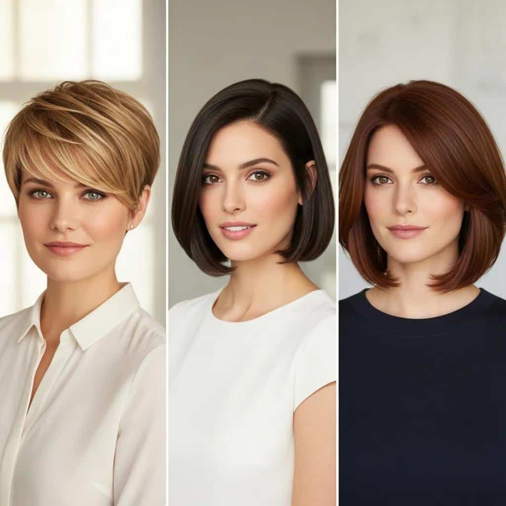 Short hairstyles for women with oval face shapes, featuring a variety of trendy cuts including a pixie cut, a sleek bob, and a layered shoulder-length style, highlighting versatility and flattering options.