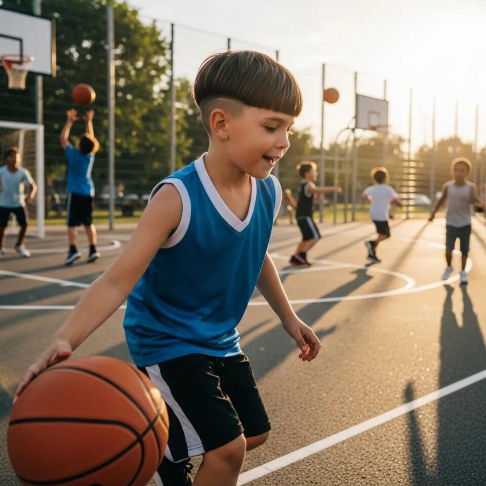Young boy with a short haircut in a blue jersey dribbling a basketball on an outdoor court, surrounded by other children playing basketball, highlighting active hairstyles for young athletes.