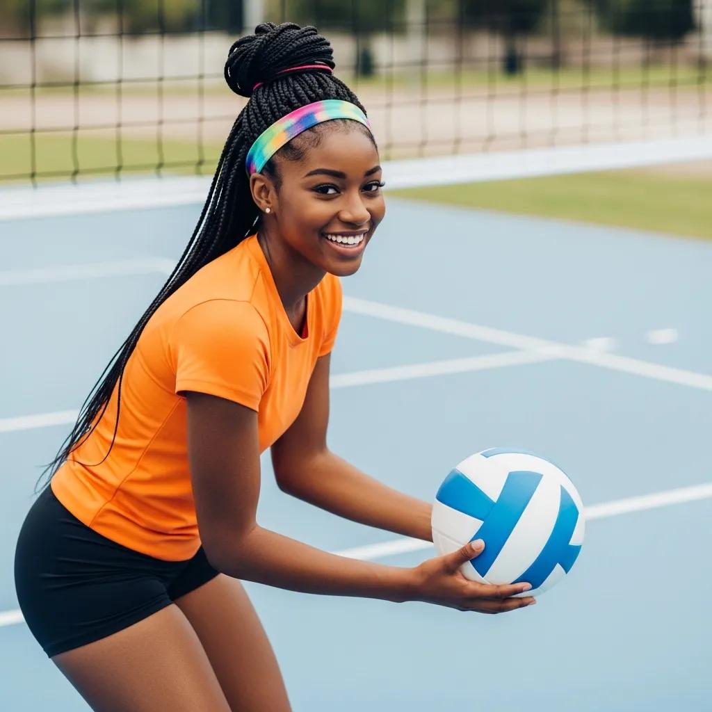 Young female athlete with braided hair in a protective hairstyle, wearing an orange athletic shirt, smiling while holding a volleyball on a court.