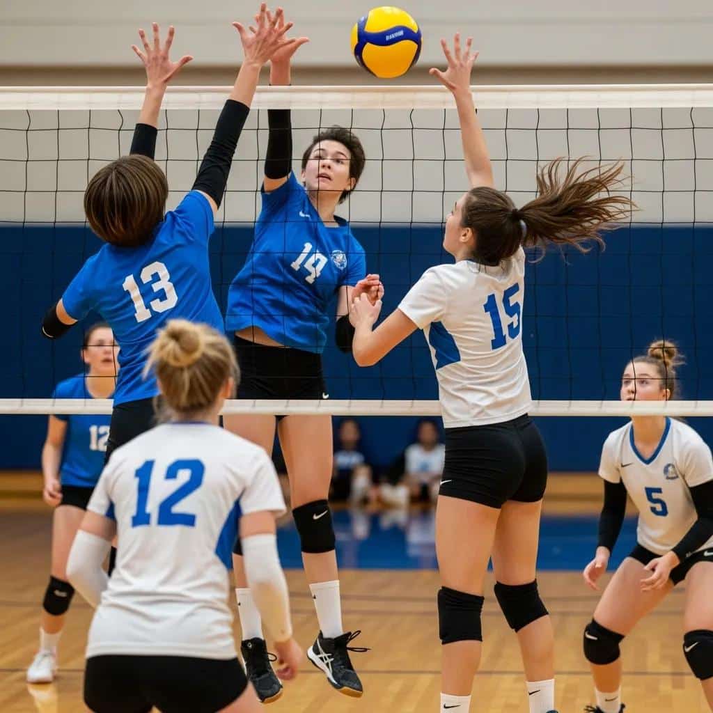 Young female volleyball players with short and long hairstyles actively playing on a volleyball court, showcasing dynamic game action and teamwork.