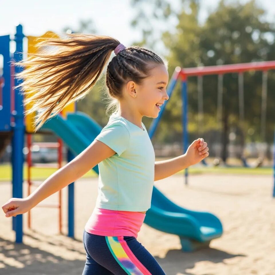 Young girl with a high ponytail and braids playing outdoors