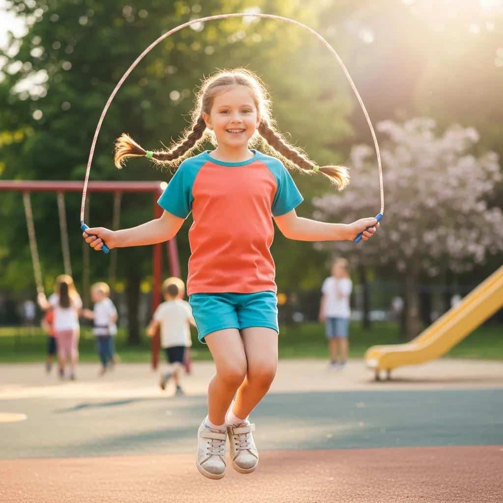 Young girl with braided pigtails joyfully jumping rope in a playground, wearing a colorful athletic outfit, surrounded by other children playing.