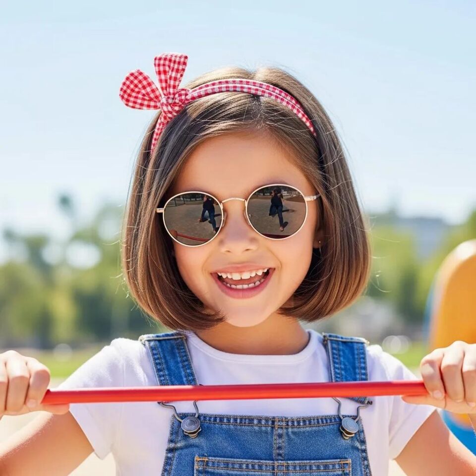 Young girl with heart-shaped face wearing stylish shoulder-length bob, round sunglasses, and a red gingham headband, smiling while holding a red stick, in a playful outdoor setting.