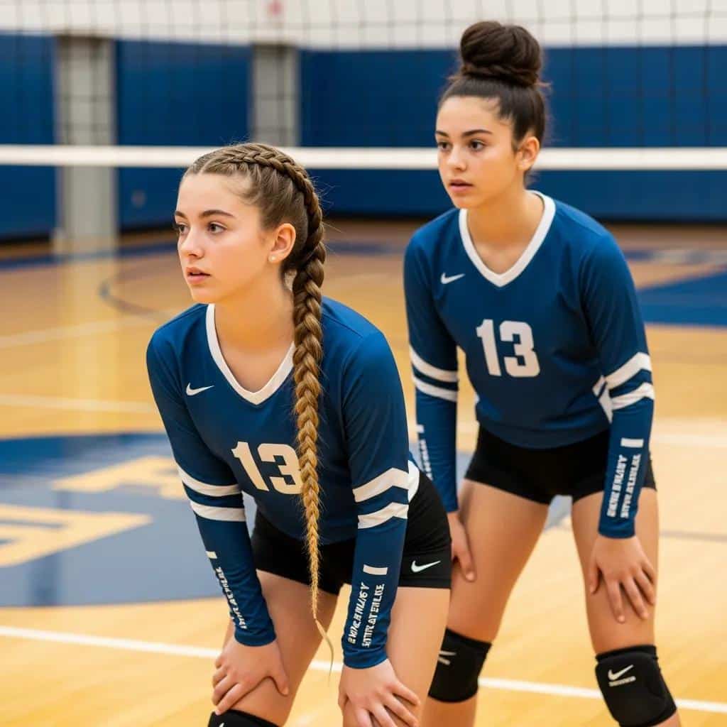 Young girl with long hair styled in a braid, ready to play volleyball, alongside teammate with hair in a bun, both wearing blue volleyball jerseys.