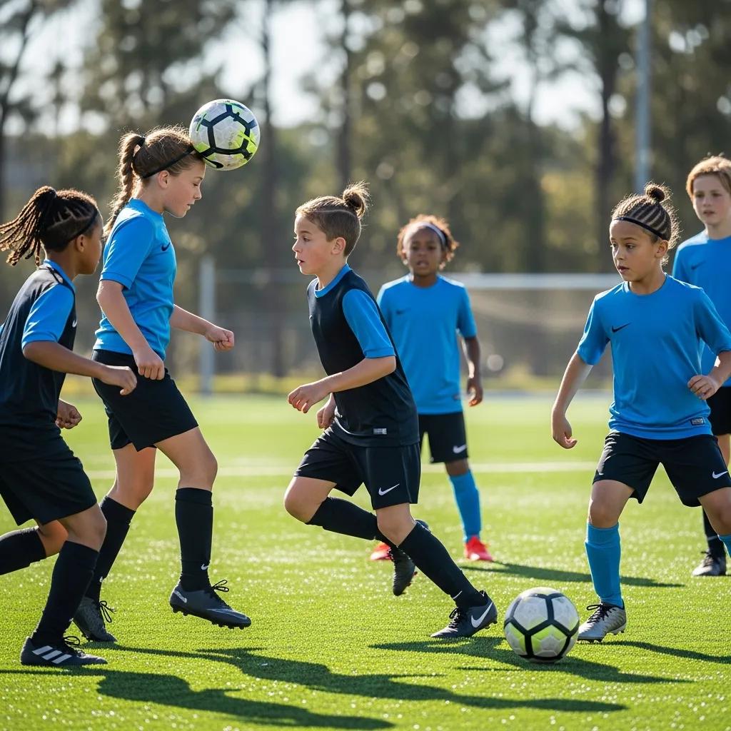 Young soccer players in blue and black uniforms engaging in a game, showcasing header-proof hairstyles while playing on a sunny field.
