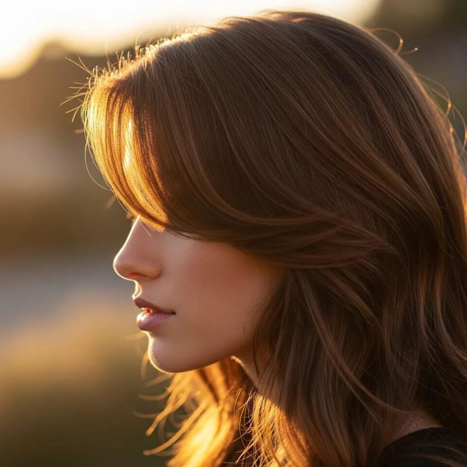 Young woman with side-swept bangs enhancing her long face shape