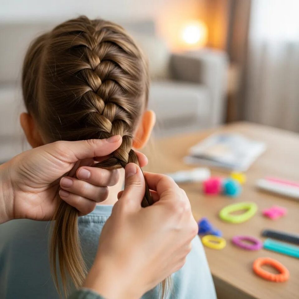 Parent assisting child with a classic three-strand braid in a cozy home environment