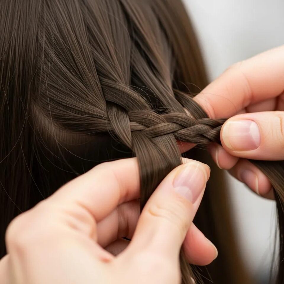 Person braiding hair with a focus on maintaining even tension in the strands