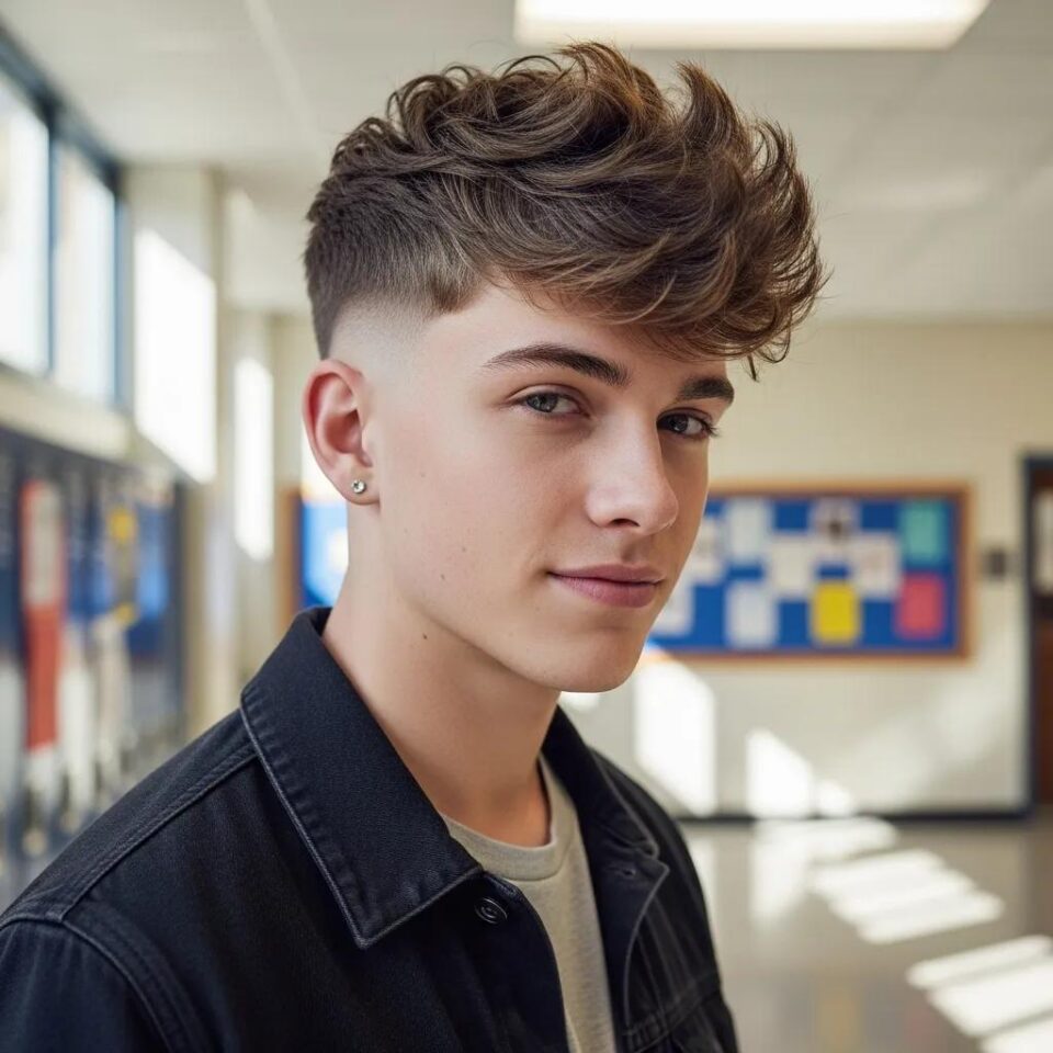 Stylish boy with a textured crop hairstyle in a school hallway, showcasing a quick and fashionable look