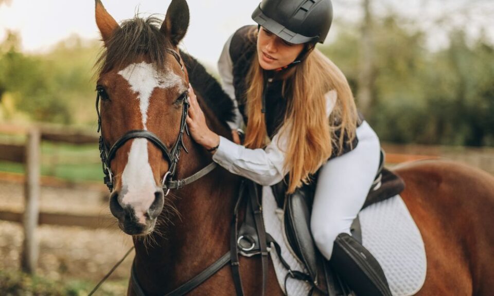 Woman in riding attire gently interacting with a brown horse in an outdoor setting, emphasizing comfort and connection while preparing for horseback riding.